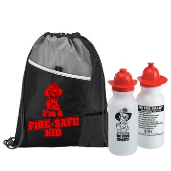 I'm A Fire-Safe Kid Deluxe Drawstring Backpack With Water Bottle Combo from Positive Promotions