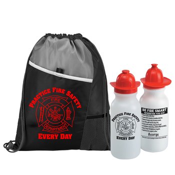 Practice Fire Safety Every Day Deluxe Drawstring Backpack With Water Bottle Combo from Positive Promotions
