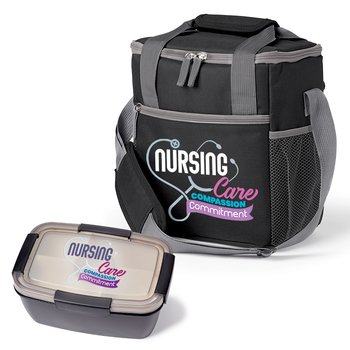 Nursing: Care, Compassion, Commitment Black Lunch/Cooler Bag & Food Container Gift Set from Positive Promotions