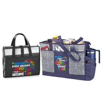 Behind Every Amazing School Is an Awesome Team Malibu Cooler Tote With Pocket & Beach Mat Gift Set from Positive Promotions