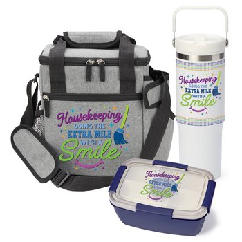 Housekeeping: Going The Extra Mile With A Smile Riverside Deluxe Lunch/Cooler Bag, Food Container, & Coldflow Water Bottle Trio from Positive Promotions
