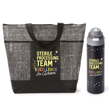 Sterile Processing Team: Excellence In Action Sip+Chug Water Bottle & Malibu Zippered Tote Bag Gift Set from Positive Promotions