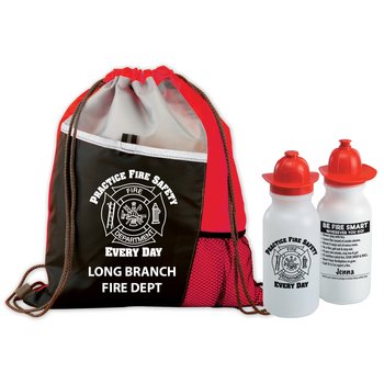 Red Practice Fire Safety Every Day Deluxe Drawstring Backpack With Water Bottle Combo - Personalization Available from Positive Promotions