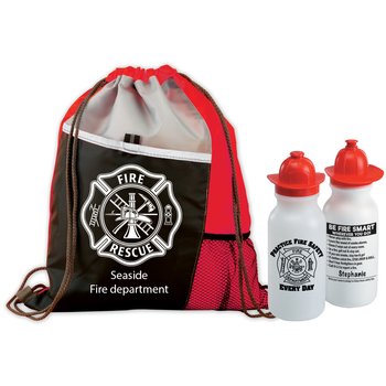 Maltese Cross Deluxe Drawstring Backpack With Practice Fire Safety Every Day Water Bottle Combo - Personalization Available from Positive Promotions