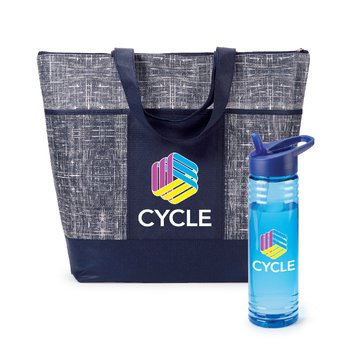 Navy Malibu Zippered Tote Bag & Blue Solara Water Bottle Gift Set - Personalization Available from Positive Promotions