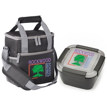 Black Riverside Lunch/Cooler Bag & Black Locking Food Container Gift Set - Personalization Available from Positive Promotions