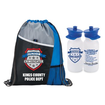 Junior Crimefighter Drawstring Backpack & Police Hat Water Bottle - One-Color Personalization Available from Positive Promotions