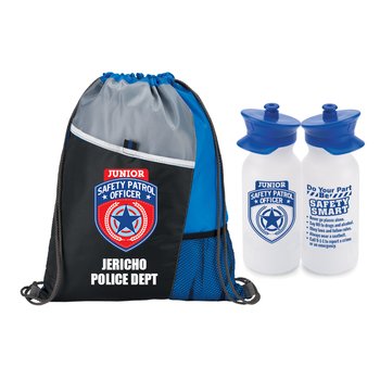 Junior Safety Patrol Officer Drawstring Backpack & Police Hat Water Bottle - One-Color Personalization Available from Positive Promotions