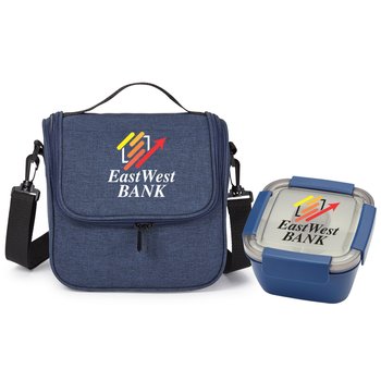 Navy Portland Lunch/Cooler Bag & Blue Locking Food Container Gift Set - Personalization Available from Positive Promotions