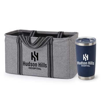 Gray Tote & Navy Vacuum-Insulated Tumbler Gift Set - Personalization Available from Positive Promotions