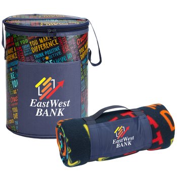 Motivational Word Cloud Barrel Cooler Bag & Roll-Up Eco Blanket Gift Set - Personalization Available from Positive Promotions
