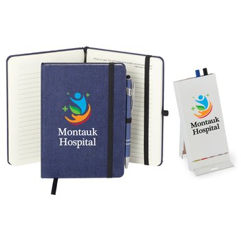 5-in-1 Desk Buddy & Navy Heathered Journal With Stylus Pen - Personalization Available from Positive Promotions