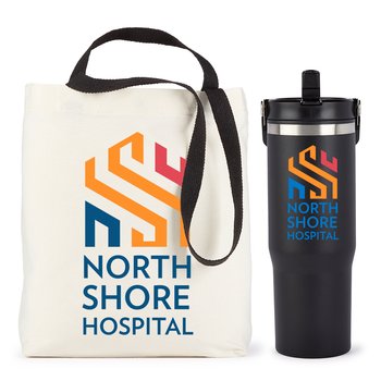 Dual Handle Cotton Tote & Flip-Straw Bottle Gift Set - Personalization Available from Positive Promotions