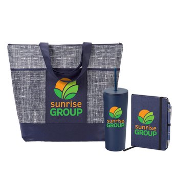 Malibu Zippered Tote, Canyon Tumbler, & Heathered Journal & Stylus Pen Gift Set - Personalization Available from Positive Promotions
