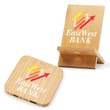 Bamboo 10W Wireless Charging Pad With Dual Ports & Phone/Tablet Holder Gift Set - Personalization Available from Positive Promotions