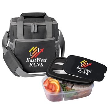 Riverside Lunch/Cooler Bag & 2-Section Food Container With Utensils Gift Set - Personalization Available from Positive Promotions