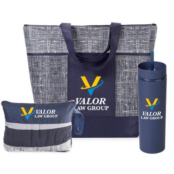 Navy Malibu Tote, Canyon 2-in-1 Tumbler 16 oz., & Beach Towel in Mesh Carry Bag Combo - Personalization Available from Positive Promotions
