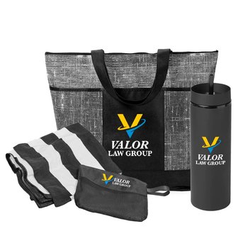 Black Malibu Tote, Canyon 2-in-1 Tumbler 16 oz., & Beach Towel in Mesh Carry Bag Combo - Personalization Available from Positive Promotions