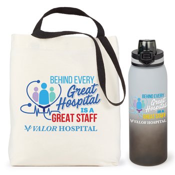 Behind Every Great Hospital Is a Great Staff Dual Handle Cotton Tote & Water Bottle Gift Set - Personalization Available from Positive Promotions