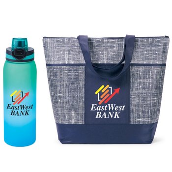 Malibu Non-Woven Zippered Tote & Jasper Ombré Tritan Water Bottle 32 oz. Combo - Personalization Available from Positive Promotions