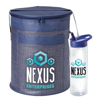 Navy Brookville Barrel Cooler & Blue Solara Water Bottle Gift Set - Personalization Available from Positive Promotions