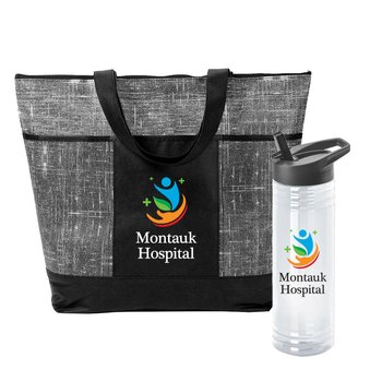 Black Malibu Zippered Tote Bag & Smoke Solara Water Bottle Gift Set - Personalization Available from Positive Promotions
