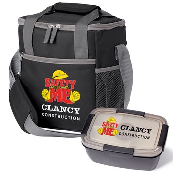 Workplace Safety Black Riverside Lunch/Cooler Bag & Black Food Container Gift Set - Personalization Available from Positive Promotions