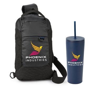 Black Harley Sling Bag & Blue Sleek Tumbler Gift Set - Personalization Available from Positive Promotions