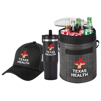 Coldflow 30-oz. Bottle, Brookville Barrel Cooler, & Trucker Cap Gift Set - Personalization Available from Positive Promotions