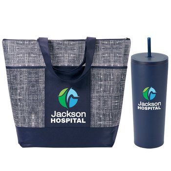 Non-Woven Zippered Tote Bag & Stainless-Steel/Plastic Tumbler 24 oz. Gift Set - Personalization Available from Positive Promotions