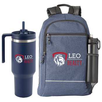 Bayside Backpack With Reflective Trim & Quencher Tumbler 40 oz. Gift Set - Personalization Available from Positive Promotions