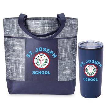 Navy Malibu Non-Woven Zippered Tote Bag & Teton Stainless-Steel Tumbler 20 oz. - Personalization Available from Positive Promotions