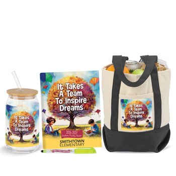 It Takes a Team to Inspire Dreams Glass Tumbler, Desk Planner, Highlighter Stylus Pen, & Cotton Canvas Market Tote Gift Set - One-Color Personalization Available from Positive Promotions