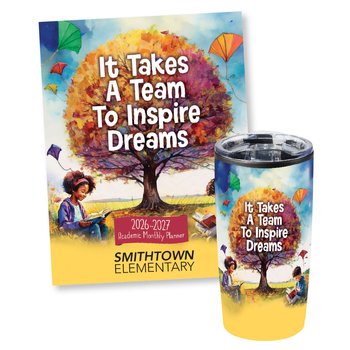 It Takes a Team to Inspire Dreams 2026-2027 Desk Planner & Tumbler Gift Set - One-Color Personalization Available from Positive Promotions