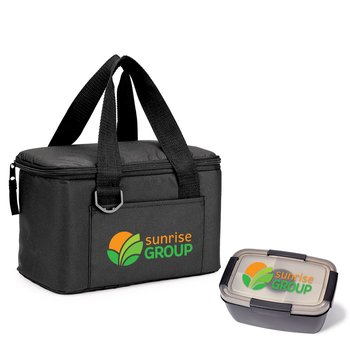 Black 6-Can Lunch/Cooler Bag & Stacker Food Container Gift Set - Personalization Available from Positive Promotions