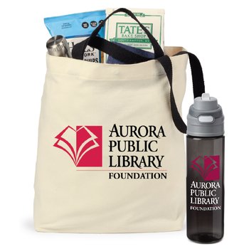 Natural/Smoke/Gray Venice Dual Carry Handle Reusable Cotton Tote Bag & Tritan Dual-Sip Water Bottle Gift Set - Personalization Available from Positive Promotions