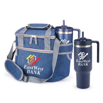 Navy Riverside Deluxe Lunch/Cooler Bag & Quencher Tumbler 40 oz. Gift Set - Personalization Available from Positive Promotions
