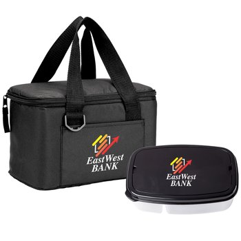 2-Section Food Container & Chill Box 6-Can rPET Cooler Bag Gift Set - Personalization Available from Positive Promotions