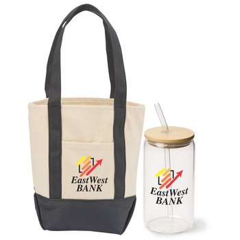 Cotton Canvas Market Tote & Cooper Glass Can/Tumbler With Straw Gift Set - Personalization Available from Positive Promotions