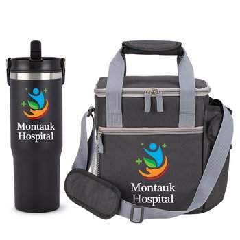 Black Coldflow Bottle & Black Riverside Deluxe Lunch Bag Gift Set - Personalization Available from Positive Promotions