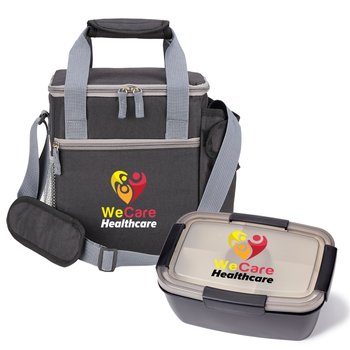 Workplace Safety Black Riverside Deluxe Lunch/Cooler Bag With Tumbler Pocket & Black Food Container Gift Set - Personalization Available from Positive Promotions