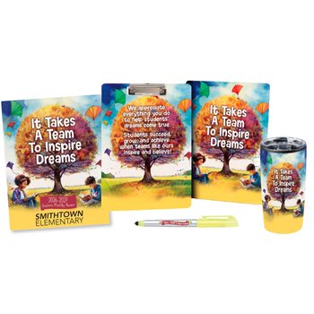 It Takes a Team to Inspire Dreams Planner, Clipboard, Highlighter Stylus Pen, & Tumbler Value Set - One-Color Personalization Available from Positive Promotions