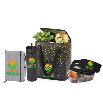 Heathered Journal, Canyon Tumbler, Shopper Tote, & Food Container Gift Set - Personalization Available from Positive Promotions