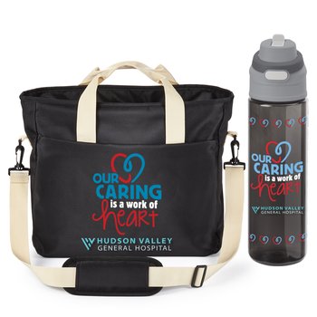 Our Caring Is a Work of Heart Computer/Laptop Tote Messenger Bag & Dual-Sipper Water Bottle Gift Set - Personalization Available from Positive Promotions