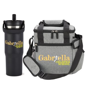 Black Coldflow Bottle & Gray Riverside Deluxe Lunch Bag Gift Set - Personalization Available from Positive Promotions