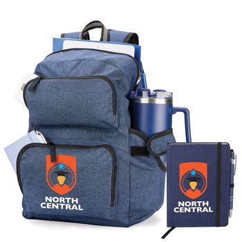 Navy Hudson Deluxe Laptop Backpack & Navy Heathered Journal Gift Set - Personalization Available from Positive Promotions