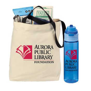 Natural/Blue Venice Dual Carry Handle Reusable Cotton Tote Bag & Tritan Dual-Sip Water Bottle Gift Set - Personalization Available from Positive Promotions