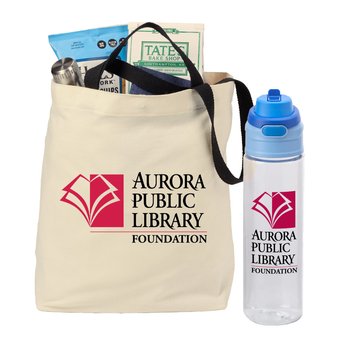 Natural/Clear/Blue Venice Dual Carry Handle Reusable Cotton Tote Bag & Tritan Dual-Sip Water Bottle Gift Set - Personalization Available from Positive Promotions