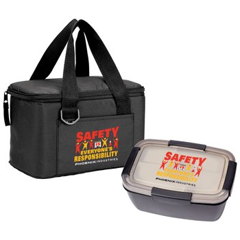 Workplace Safety Black Chill Box 6-Can Lunch Bag & Black Locking Stacker Container from Positive Promotions