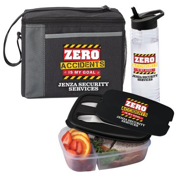 Workplace Safety Black Grayson Cooler Bag, Solara Water Bottle, & 2-Section Food Container - Personalized from Positive Promotions